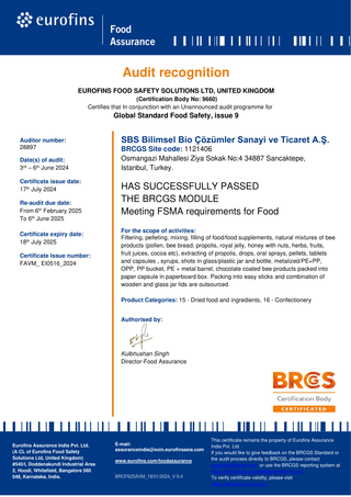 Global Standard Food Safety Certificate 2024