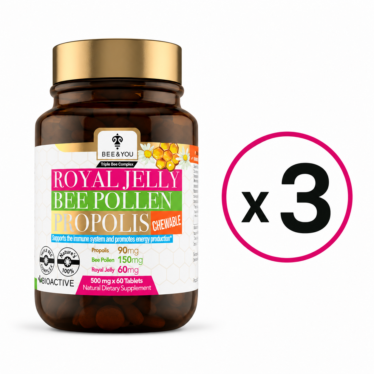 Royal Jelly Propolis Bee Pollen Chewable Tablets | Pack of 3