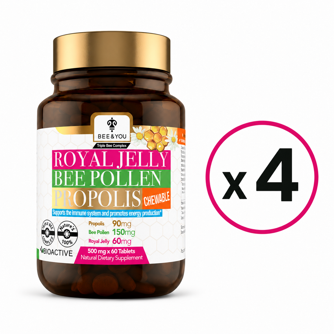 Royal Jelly Propolis Bee Pollen Chewable Tablets | Pack of 4
